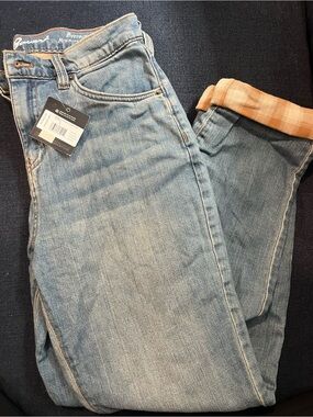 Eddie Bauer Light Blue Boyfriend Jeans with Cuffed Plaid Fleece Lining